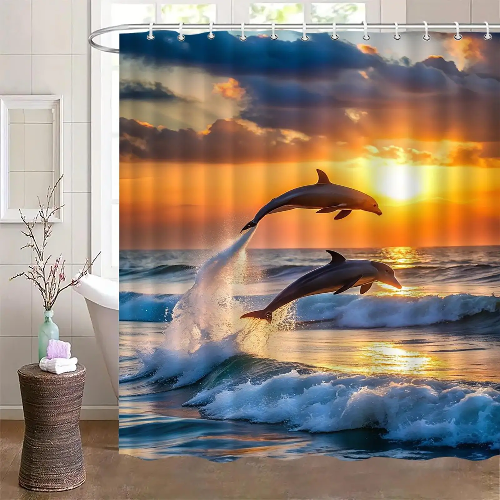

Waterproof Dolphin Ocean Sunset Shower Curtain Liner for Bathroom Decor Coastal Sea Life Nautical Gift Easy Install Shower Curta