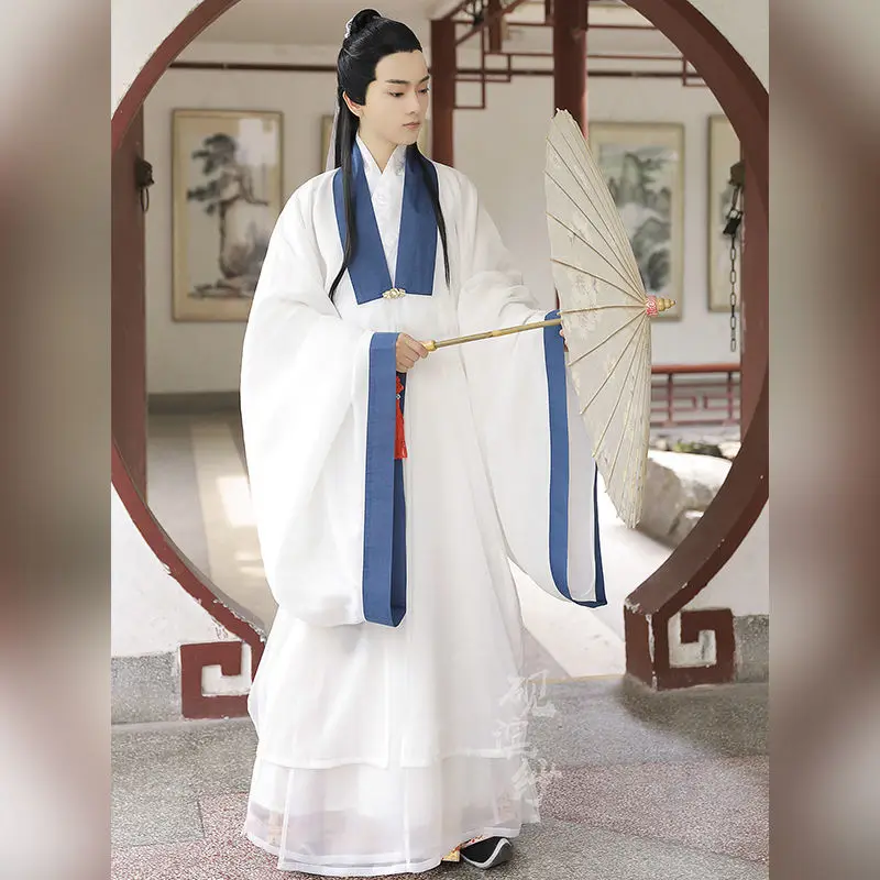 Ming Dynasty Ancient Chinese Hanfu for Men White Blue Fairy Antique Clothing Students Improved Literary Daily 2PCS Full Suits