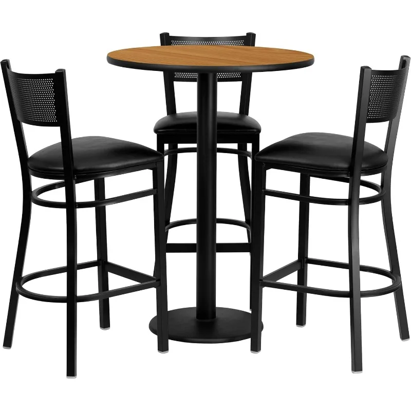 Clark 30'' Round Natural Laminate Table Set with 3 Grid Back Metal Barstools - Black Vinyl Seat