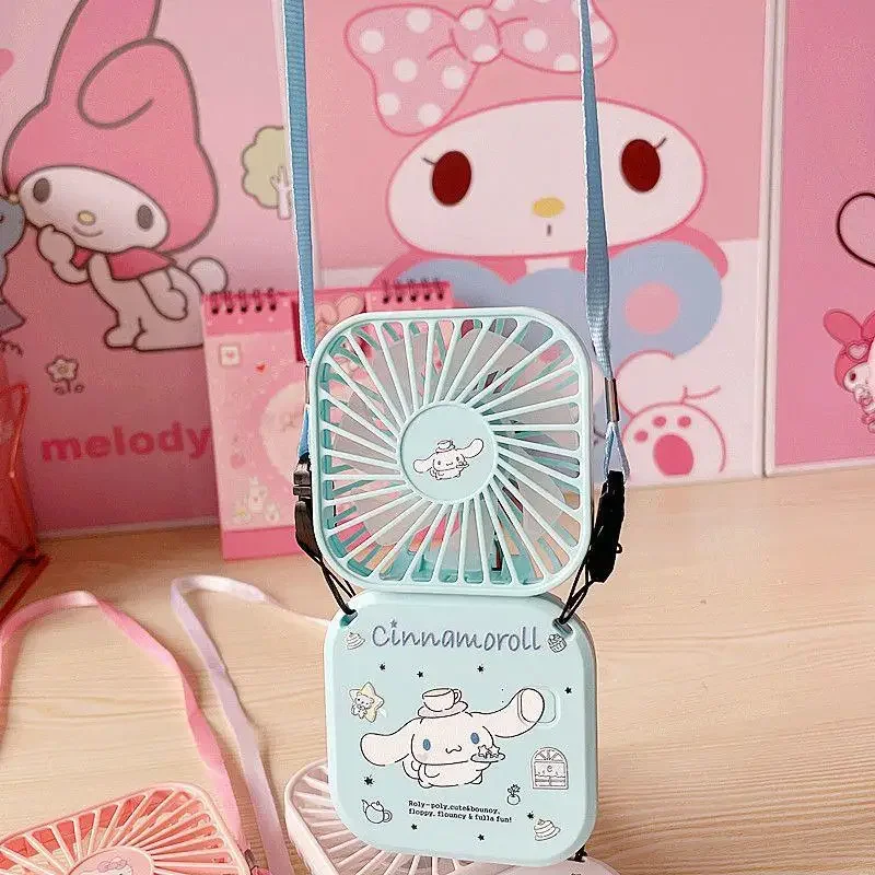 Sanrio Folding Fan Hello Kitty Cartoon Halter Small Fan Handheld USB Charging Creative Desktop Office Outdoor Pocket Small Fan