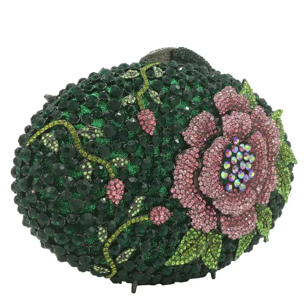 Boutique De FGG (in stock) Emerald Green Women Crystal Flower Evening Clutch Bags Party Cocktail Rhinestone Minaudiere Handbags