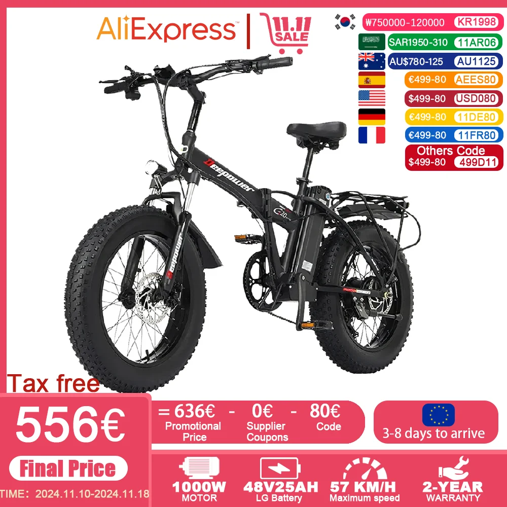 G20pro ebike 1000w 48V 25AH Electric bike 20 Inch Fat Tire Mountain Electric Bike Folding Electric Bicycle Adult electric bike