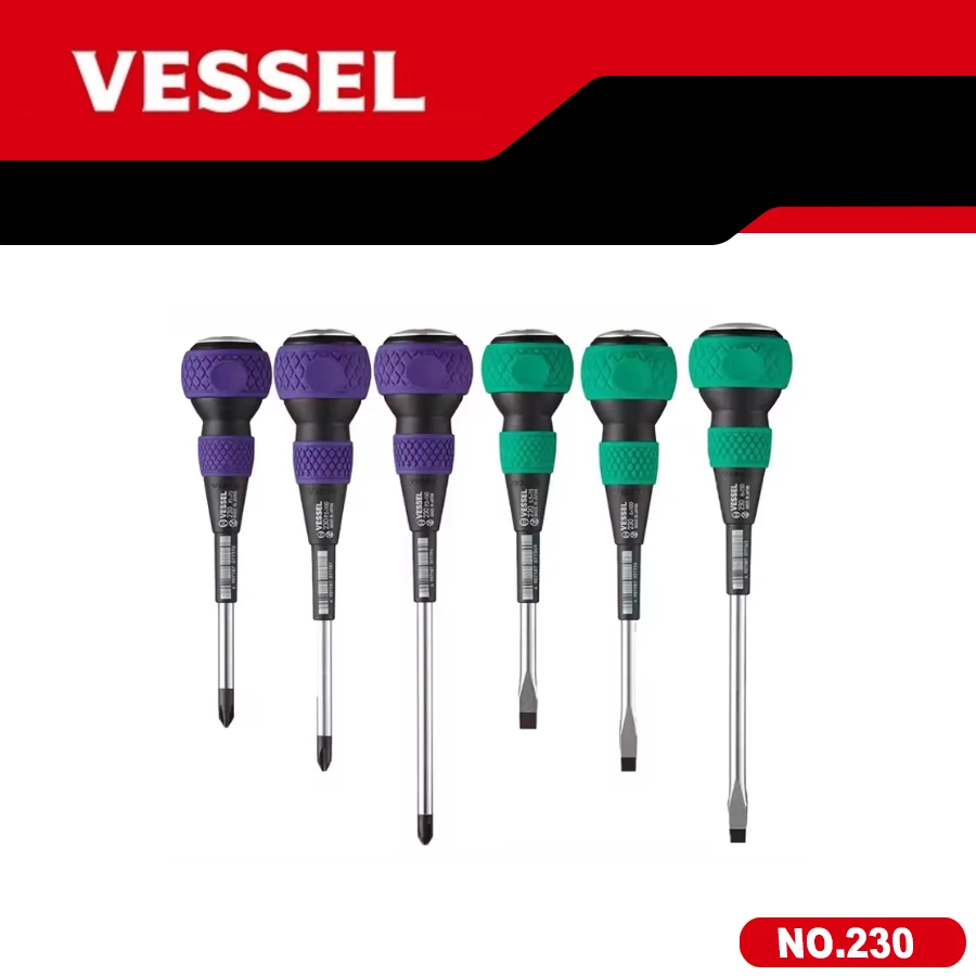 VESSEL 230 Tang-Thru Screwdriver Ball Grip Magnetic Black Phillips Slotted