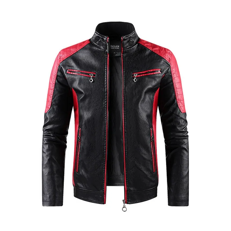 Maidangdi Carefully Selects Contrasting Stand Up Collar PU Motorcycle Jacket for Spring and Autumn Casual Men's Leather Jacket