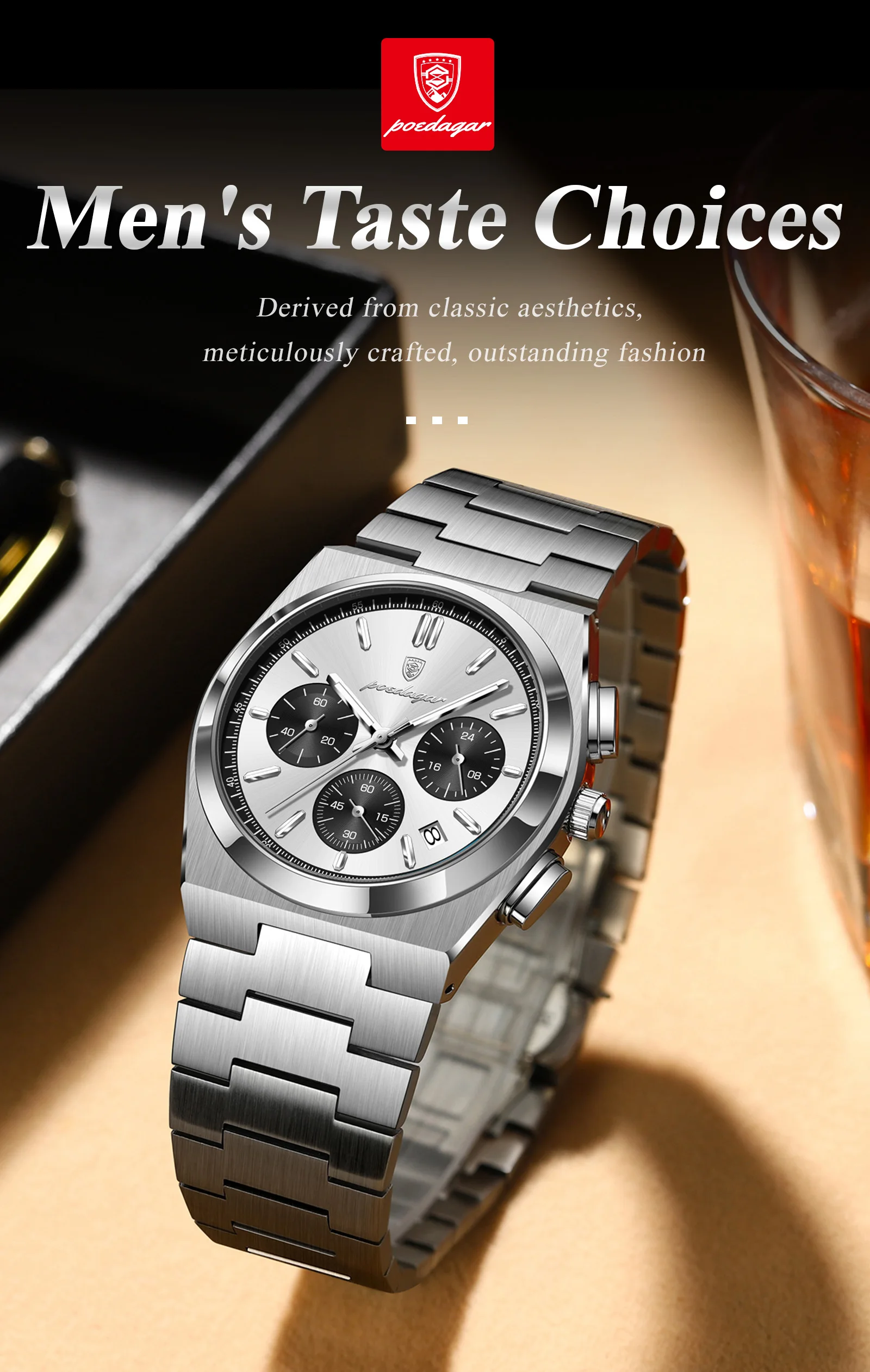POEDAGAR Top Business Herrenuhr Chronograph Datum Edelstahl Klassische Männeruhr Wasserdicht Leuchtend Quarzuhren für Herren – Detail 14
