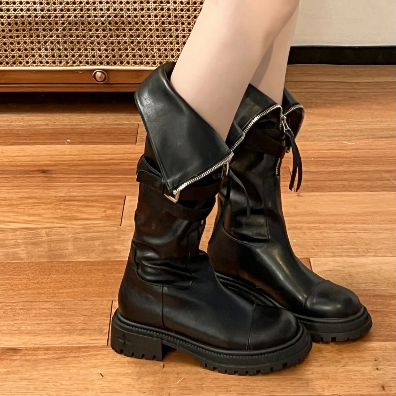 2024 New Spring Knee High Motorcycle Boots Women's Fashion Belt Buckle Round Toe Thick Heel Shoes Lady Zip Long Knight Boots