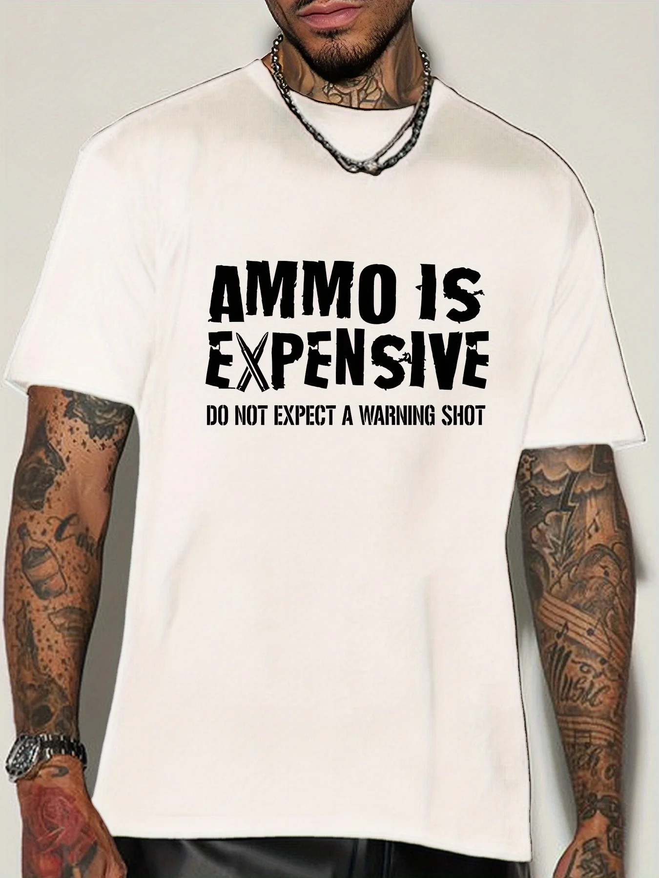 Men Short Sleeve Crew Neck T Shirt Ammo Is Expensive Warning Shot Quote Graphic Gun Hobby Theme Casual Cotton Streetwear Tee