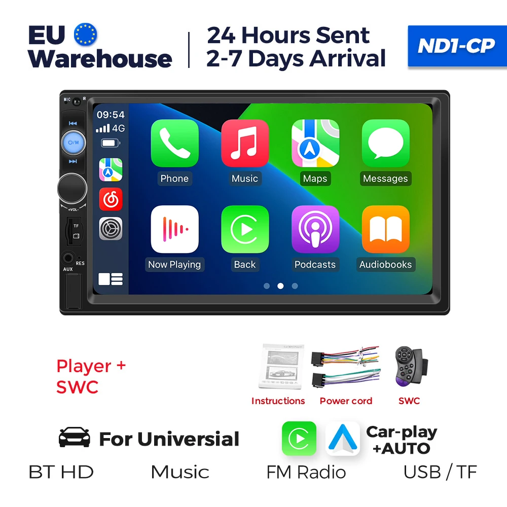 7 inch 2DIN CarPlay Android Auto Radio Multimedia Video Player Achteruitrijcamera Monitor met FM BT SWC AUX USB ISO Autoradio - afbeelding 1