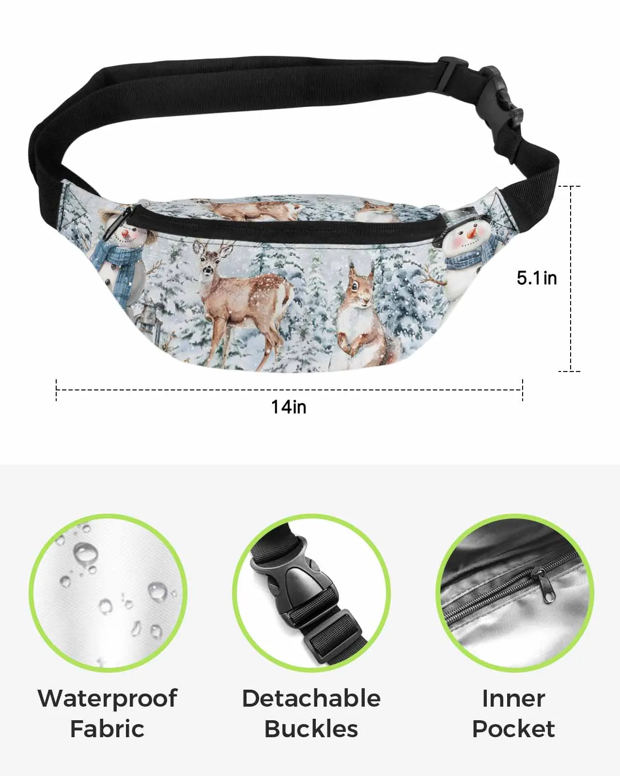 Snowman Christmas Tree Elk Squirrel  Men Women Waist Bag Fanny Pack Phone Belt Bag Wallet Pouch Waterproof Banana Hip Bags