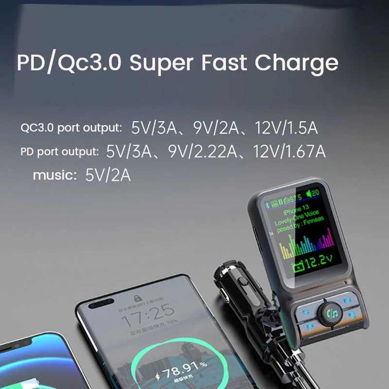 QC3.0 Fast Charge Car Bluetooth MP3 Player FM Transmitter HD Colorful Screen Display Car Supplies