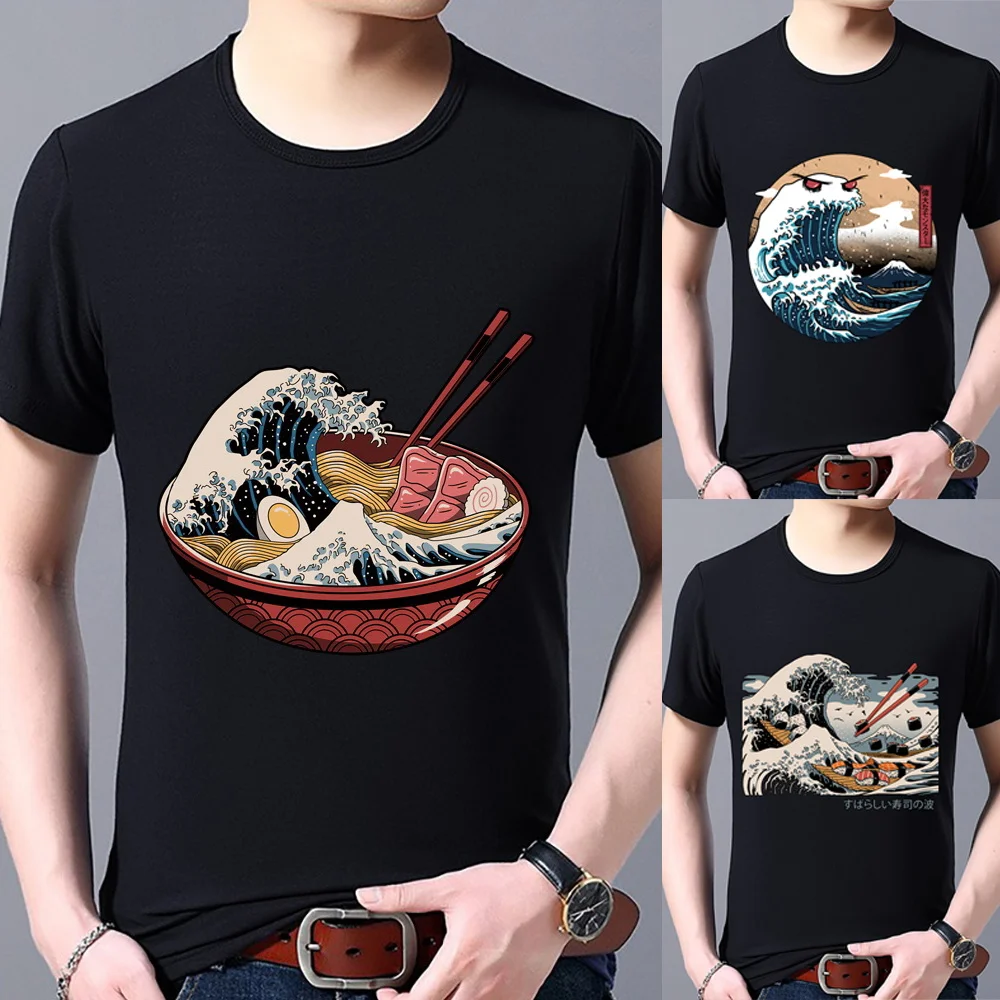 

Men Fashion Casual 2022 Tops Wave Print T-shirt Casual Black Tee All-match Personality Soft Round Neck Men's Shirt