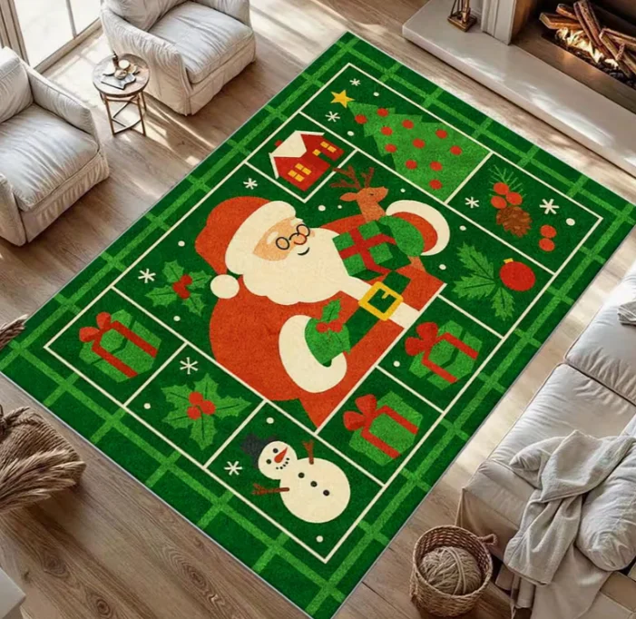 Carpet, Christmas Theme, Cartoon Green Background, Santa Claus and Gift Soft and Lightweight, Suitable for Living Room, Bedroom