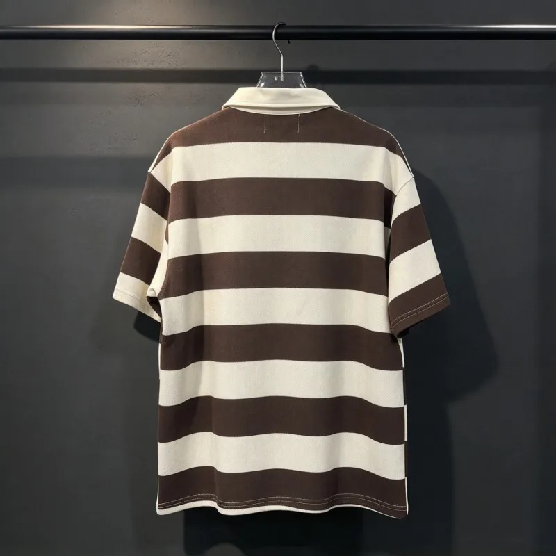 Brown Stripe Half Open Collar Short Sleeved Shirt MAJESTIK Tshirts Hot Drill Letter Pasting Embroidery Men Women Streetwear Tees
