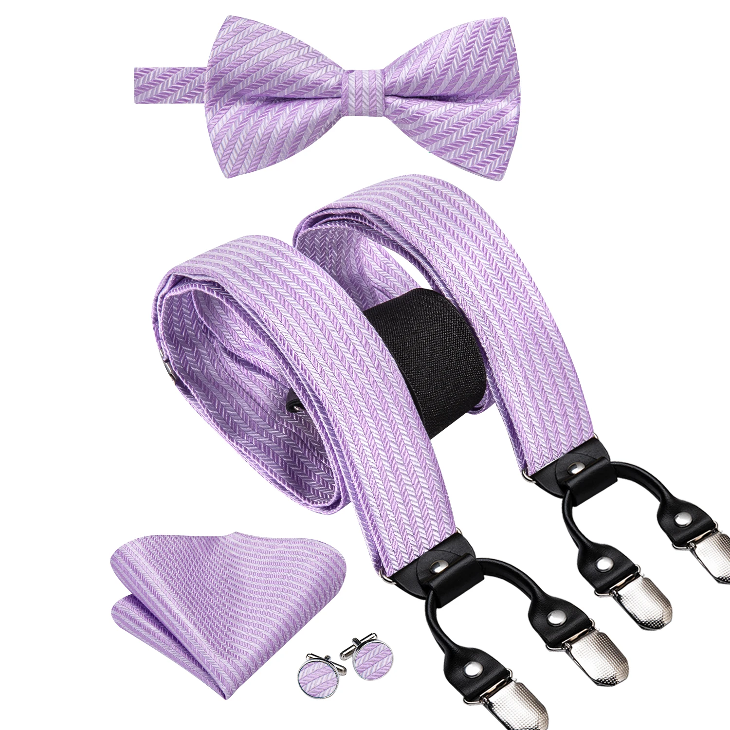 

Hi-Tie Lilac Violet Silk Men Suspender Bowtie Hanky Cufflink Adjustable Clip On Brace for Male Wedding Business Wholesale