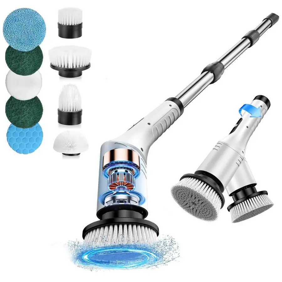 

Водонепроницаемый электрический скруббер, очиститель мощности с 9 насадками, светодиодный дисплей с батареей, 2-скоростная регулируемая длинная ручка для Ki