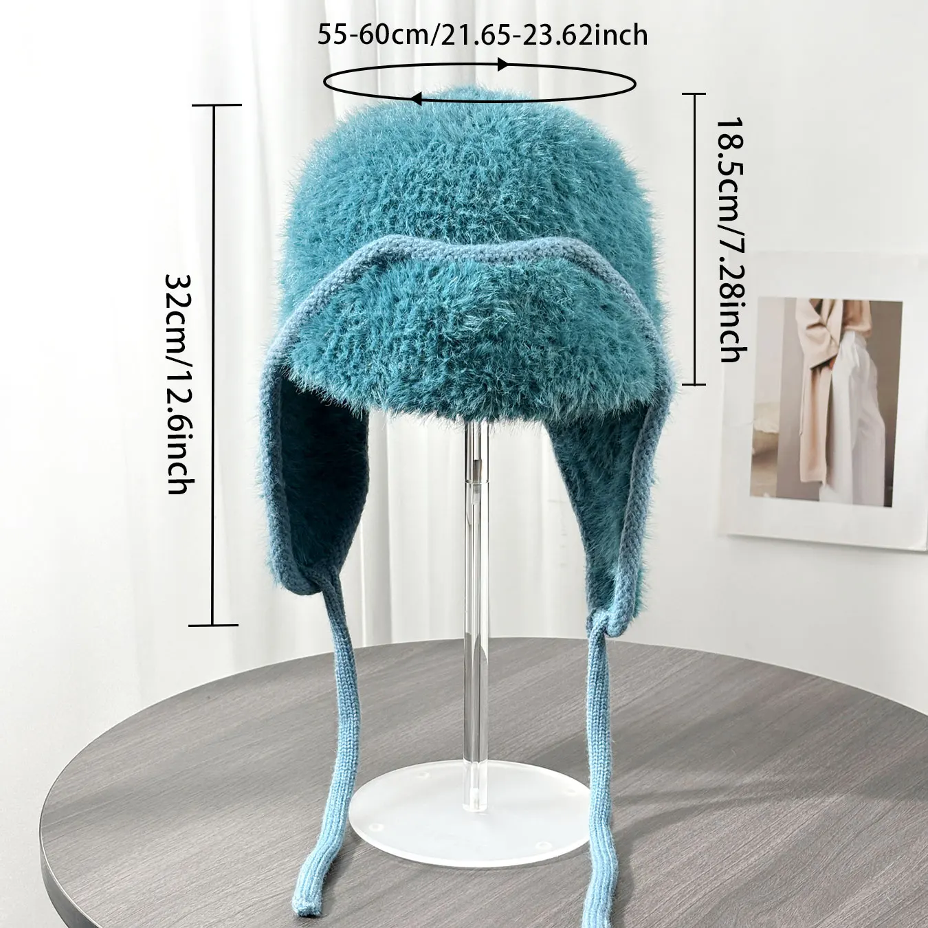 Chapéu Lei Feng de lã de inverno, cor sólida, macio, pelúcia, proteção para os ouvidos, chapéu de malha quente e resistente ao frio com cordão à prova de vento