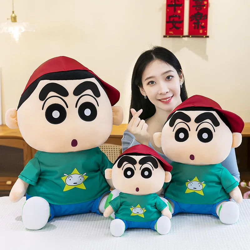 65cm Kawaii Crayon Shinchan juguete de peluche con capucha Shinchan muñeco de peluche Linda figura de Anime para niños cumpleaños regalo de Navidad tamaño grande