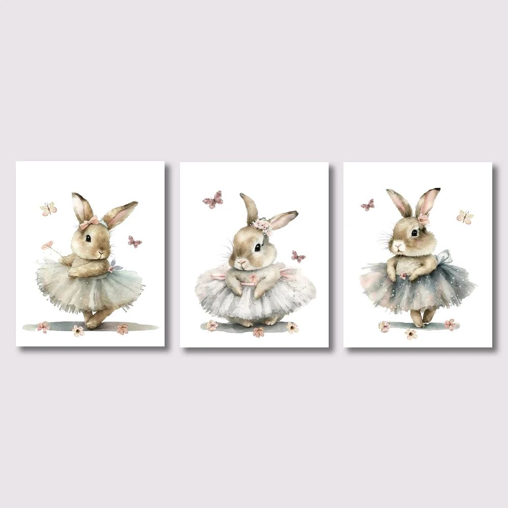 3 Pieces Ballet Bunny Canvas Wall Art Watercolor Rabbit Butterfly Print For Girls Nursery Decor