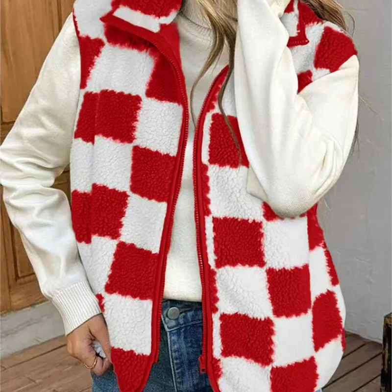 الصوف منقوشة طباعة سترة دون أكمام معطف 2025 امرأة سستة فضفاضة أفخم الدافئة صدرية فام الخريف الشتاء سترة غير رسمية سترة