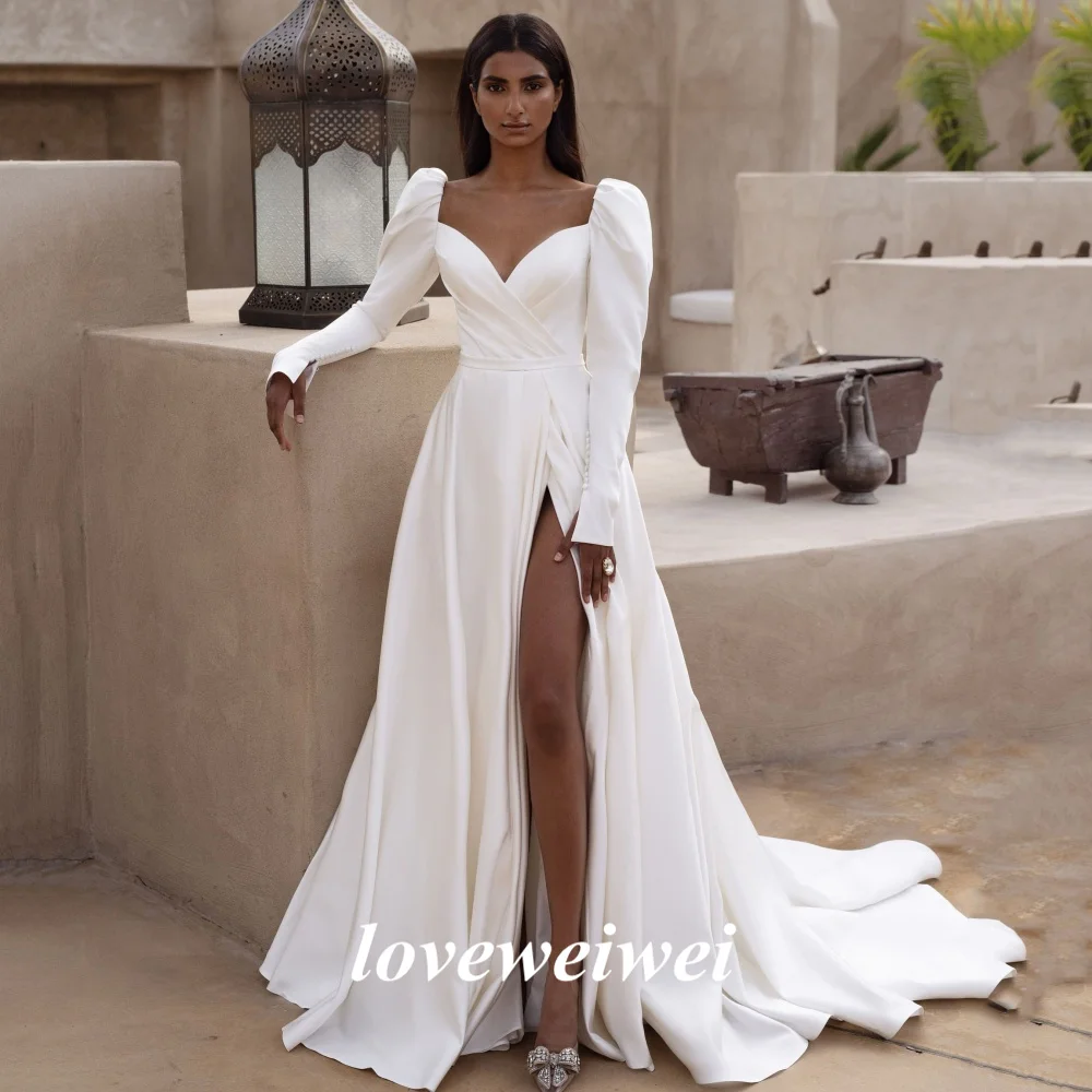 

Elegant Customized Wedding Dress A Line Long Sleeves Bride Dresses High Split Simple Gowns Bridal Vestidos De Novia