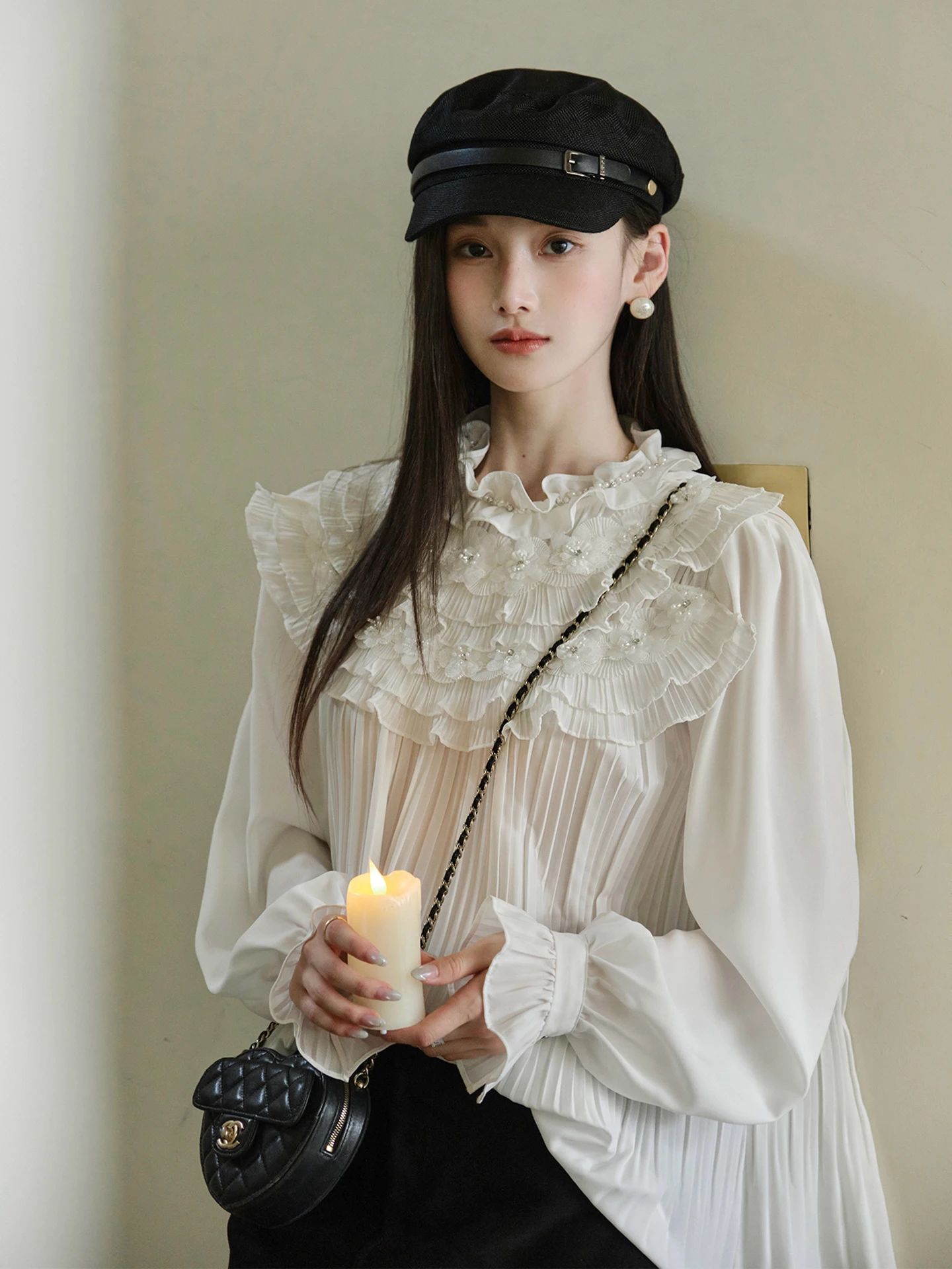 

ChillCozy French Sle Handmade Heavy Work irt Texture Linen Fluffy Love God irt Women's Long Sve Plant Floral Pattern