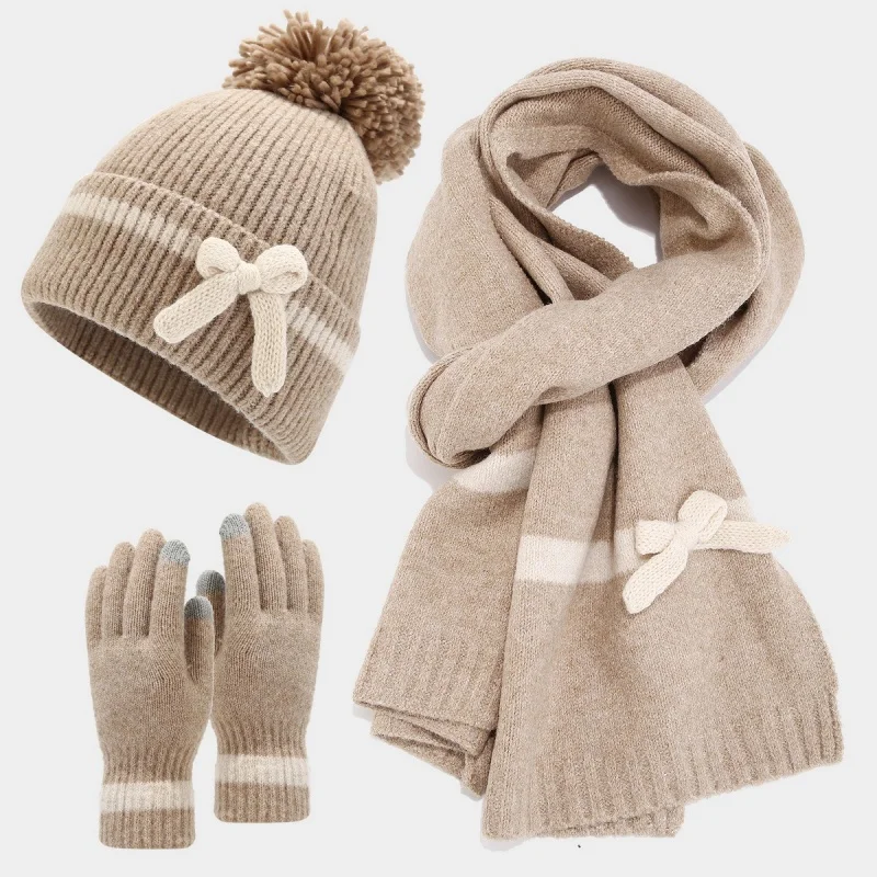 

Korean Winter Bow Decoration Three Piece Set Hat Scarf Gloves Sweet Fashionable Cold Resistant Keep Warm Soft Knitting Hat Set