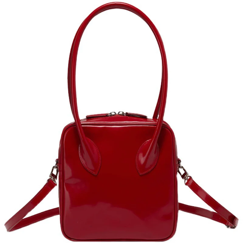 Fashionable Patent Leather Women\'s Red Bags Minimalist Portable One Shoulder Small Square Bag Retro Versatile Female Handbags