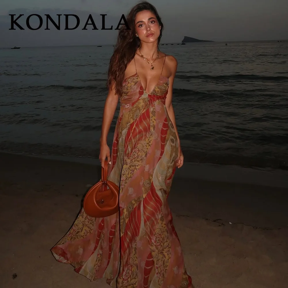 KONDALA 2025 فساتين نسائية لربيع وصيف مثيرة مطبوعة موضة مستقيمة بدون ظهر رسن بدون أكمام فساتين طويلة أنيقة للسيدات