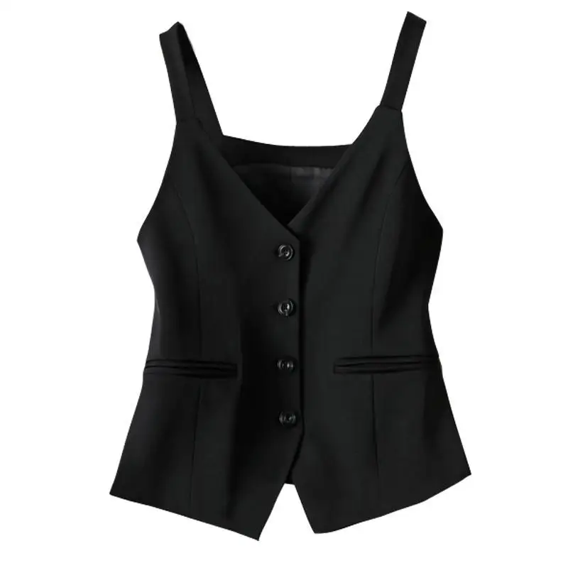 Spring Autumn Womens Black Strap Short Vest Waistcoat