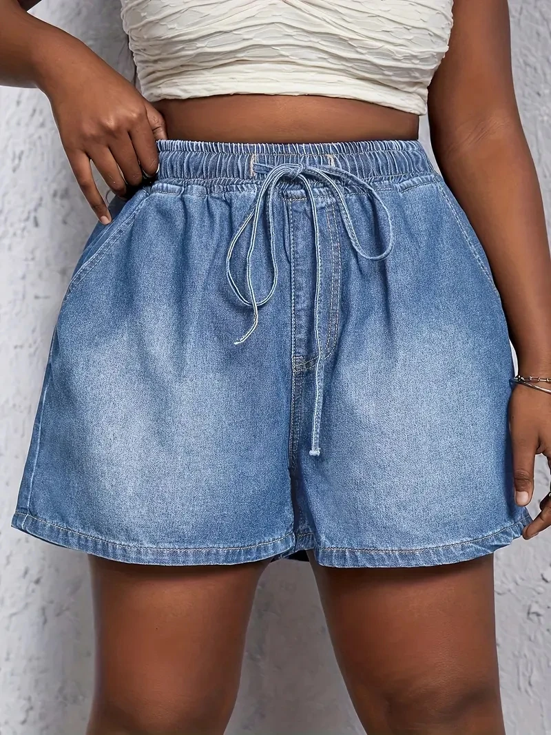 

ZMTUO женские джинсовые шорты больших размеров с эластичной резинкой на талии и шнурком, летняя мода, модные, удобные, повседневные, шикарные, стильные