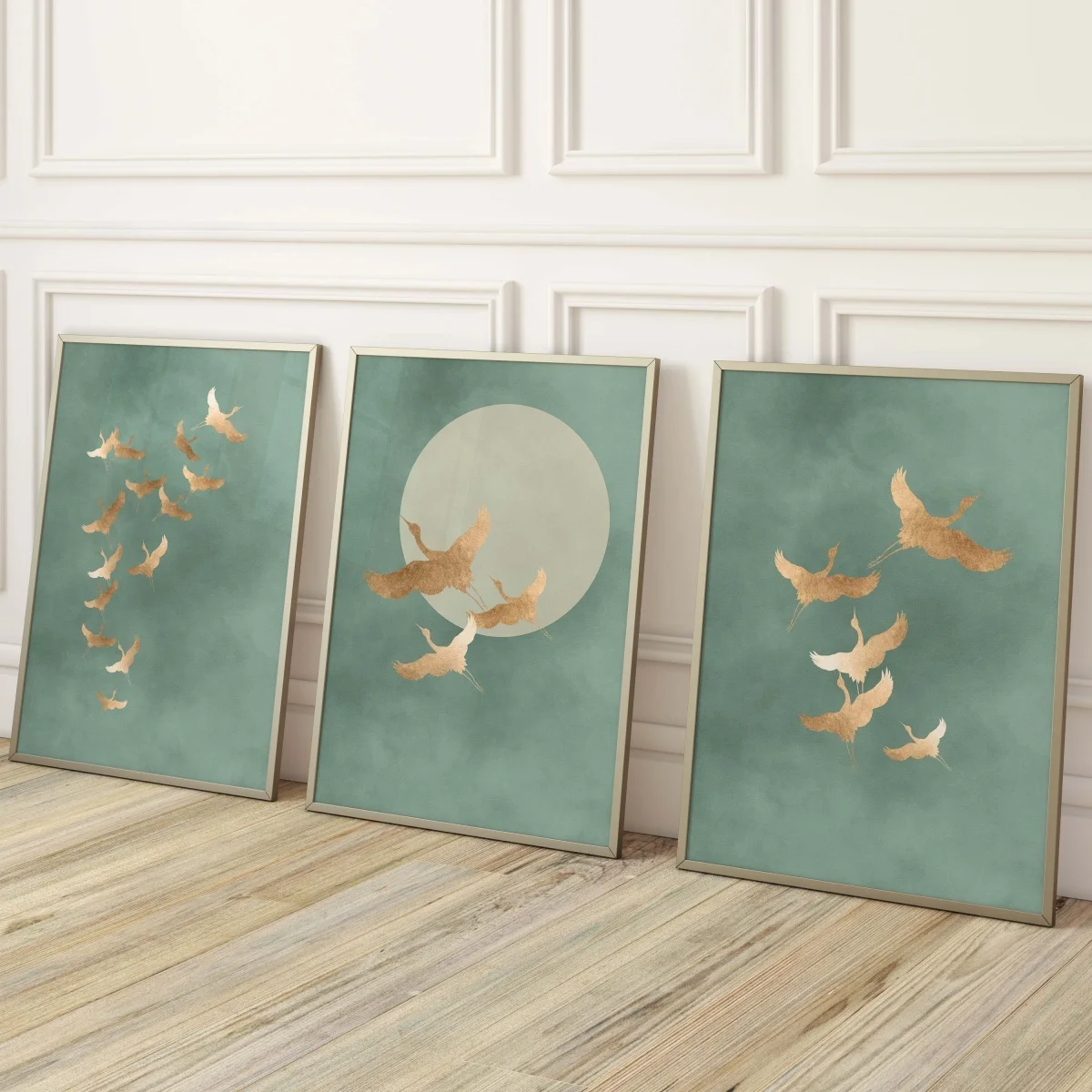 3pcs/set Japanese Sage Green Cranes Canvas Print Poster Japandi Birds Aesthetic Art Prints Bedroom Wall Art Home Decor Poster