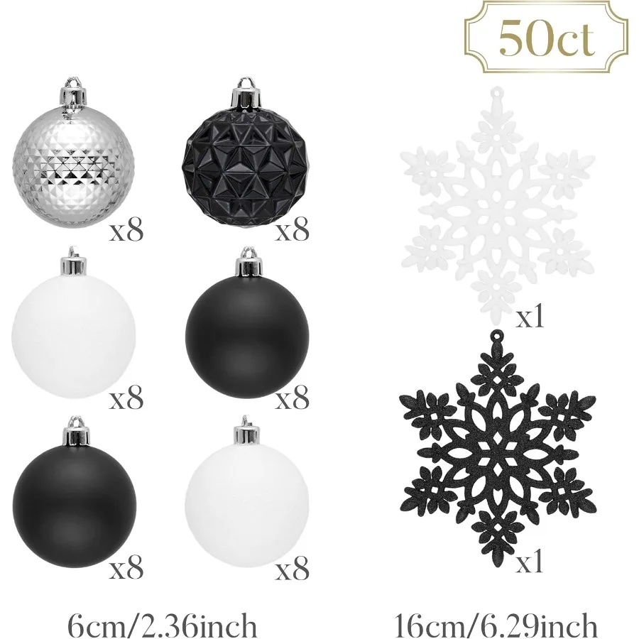 50 قطعة أبيض وأسود شاتيربروف عيد الميلاد الكرة الحلي مجموعة لخريف الهالوين وديكور عطلة 2.36 بوصة معلقة Orna