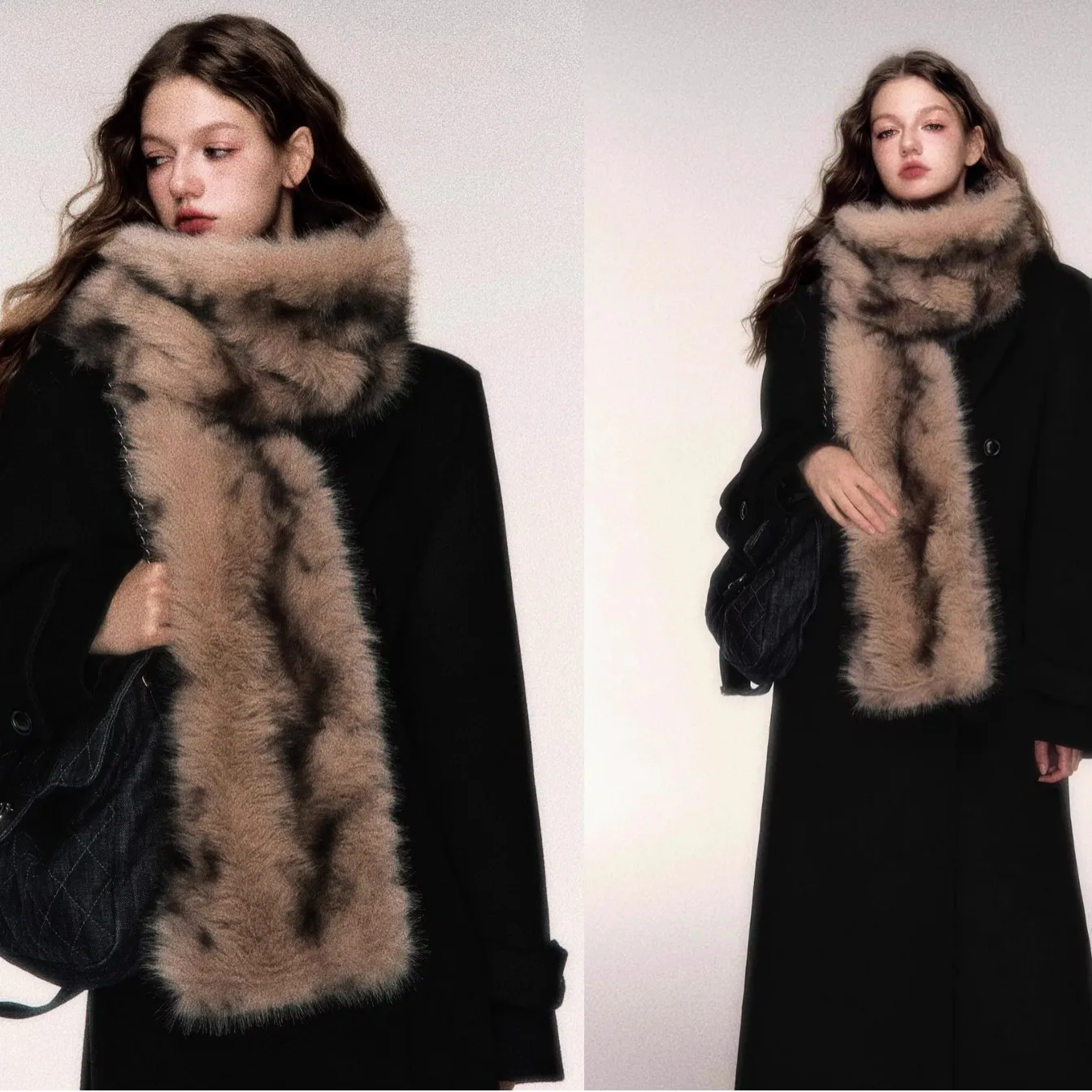 Women Faux Fox Fur Scarf Spliced Neckwarmer Scarf Blocked Double Faced Fur Collar Casual Elegant Warm Wrap 2025 Autumn Winter