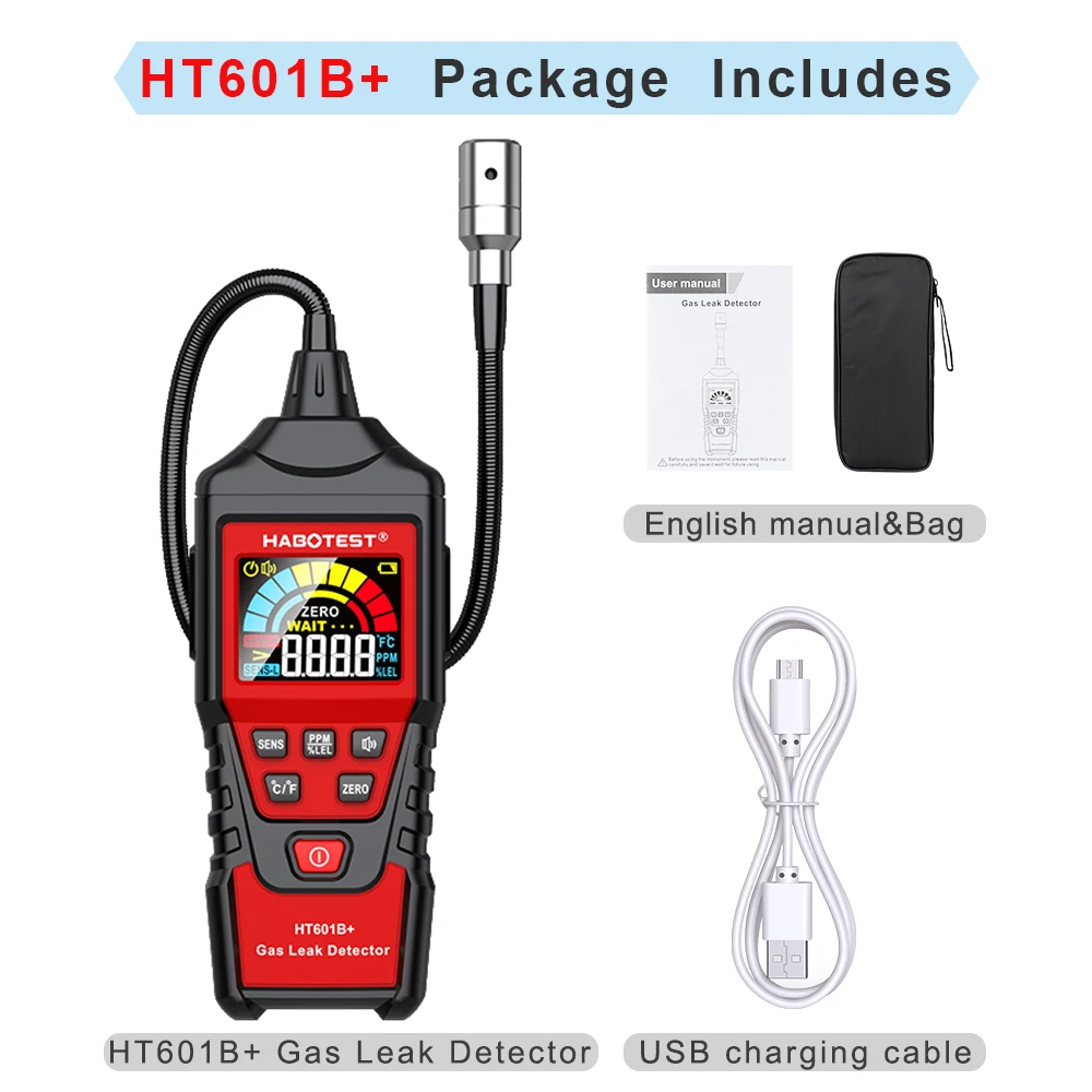 HABOTEST HT601B+PRO Gaslekdetector 0-9999PPM Flexibele sonde Snelle respons Brandbaar Natuurlijk methaangasdetector