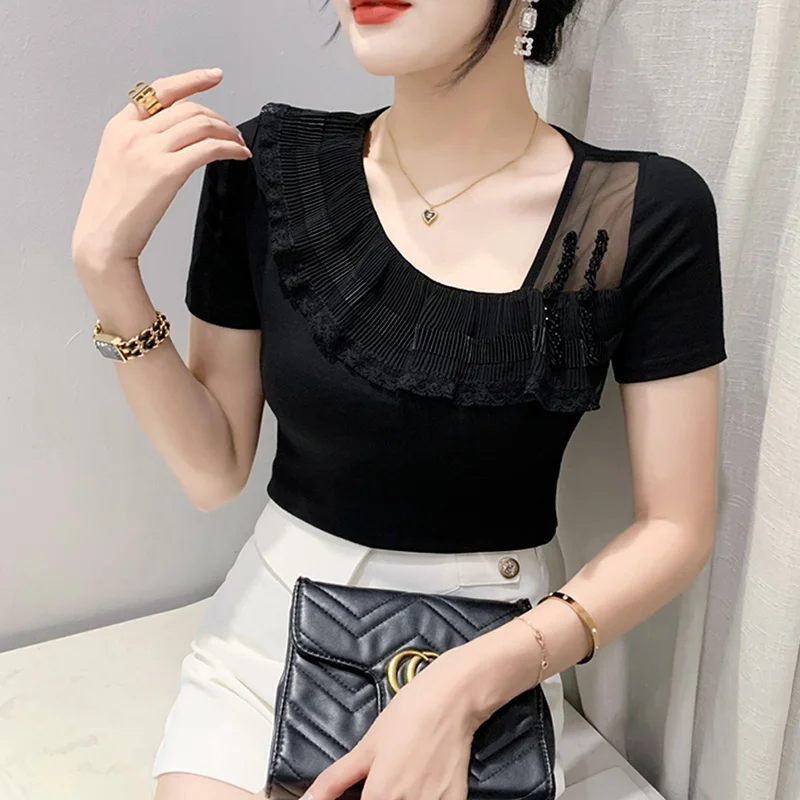 

#5632 Black White Short T Shirt Women Skew Collar Ruffles Sexy Skinny T-Shirt Female Short Sleeve Spliced Mesh Hollow Out Summer