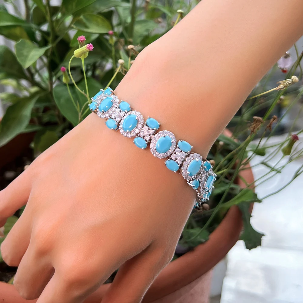 CWWZircons Luxury Chunky Cubic Zirconia and Blue Turquoise Pave Women Daily Party Engagement Wedding Bracelet Jewelry Gift CB352