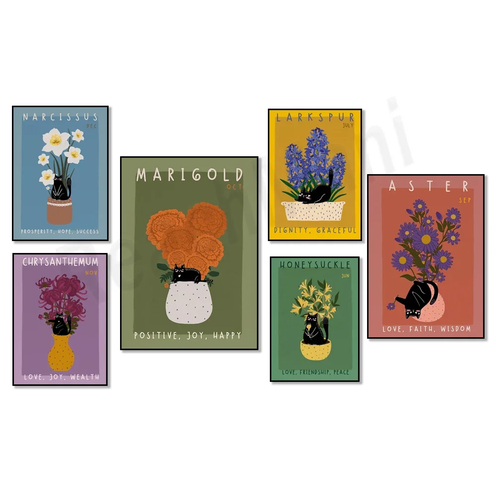 Birthday flower black cat poster, delphinium, honeysuckle, narcissus, aster potted plant, nativity flower, neutral color decor