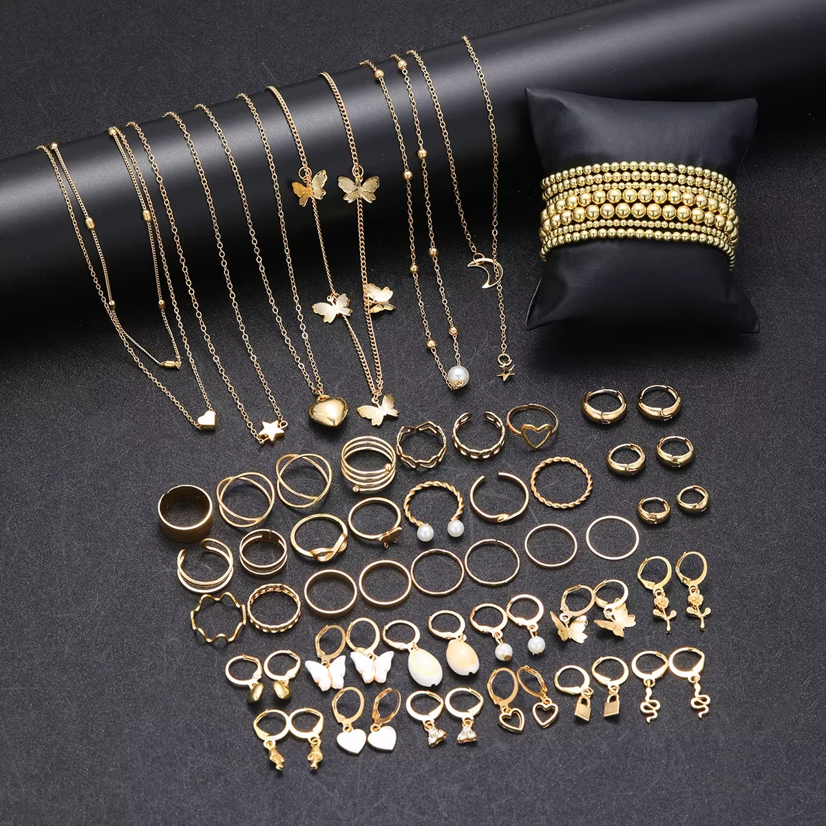 65Pcs Vintage Boho Gold Color Jewelry Set For Women Fashion Butterfly Star Heart Pearl Zircon Earring Ring Necklace Bracelet Set view 2