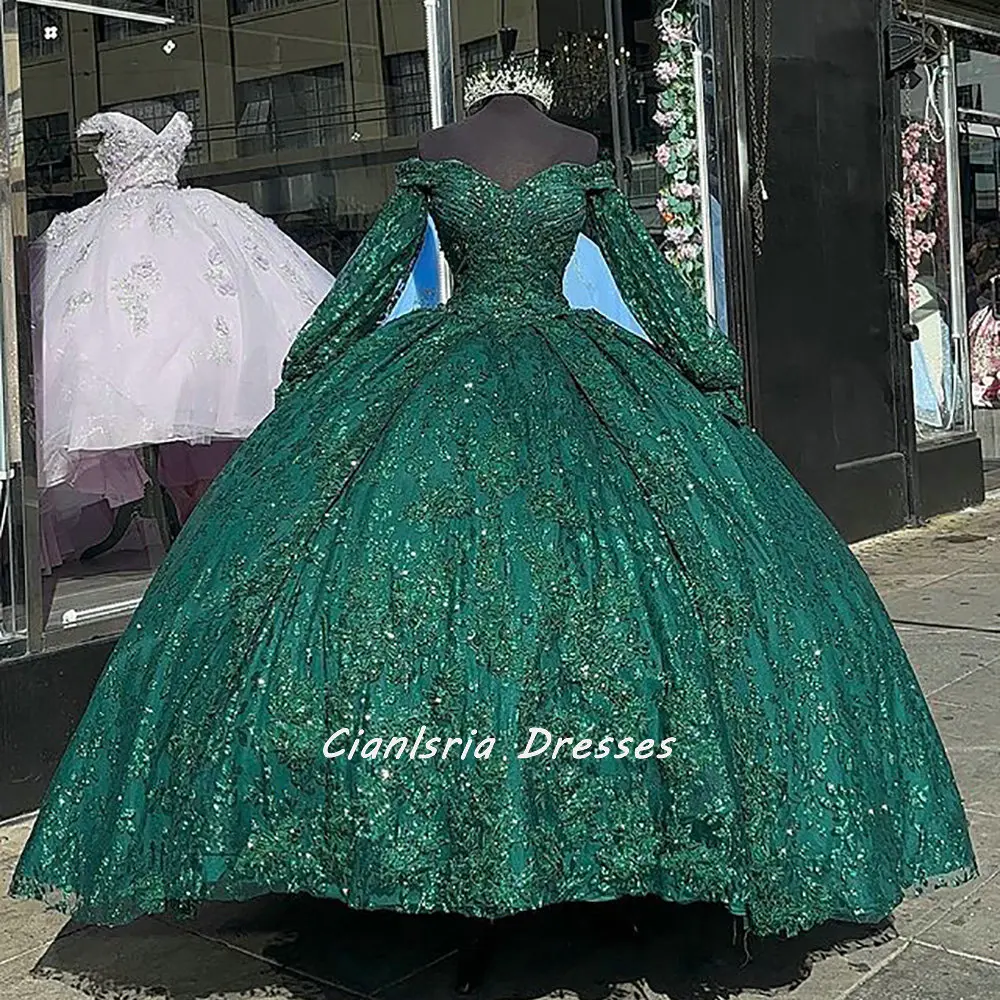 Verde smeraldo staccabile manica lunga abiti Quinceanera abito da ballo Appliques con paillettes pizzo piega corsetto Vestidos De XV Anos