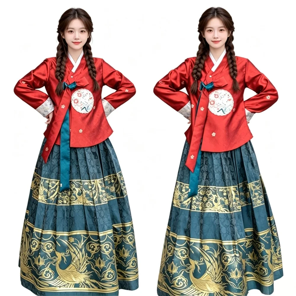 Korean Traditional Hanbok Women Embroidery Costume Set Long Sleeve Blouse Pleated Maxi Skirt for Dance Holiday Cosplay Photoshoo