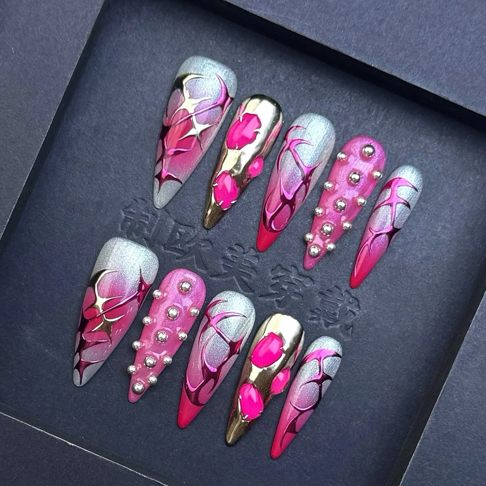 

10pcs Pink Long Pointed Press On Nails Smudging Rose Red French Style Silver Stripe Handmade Fake Nail Sweet Cool False Nails