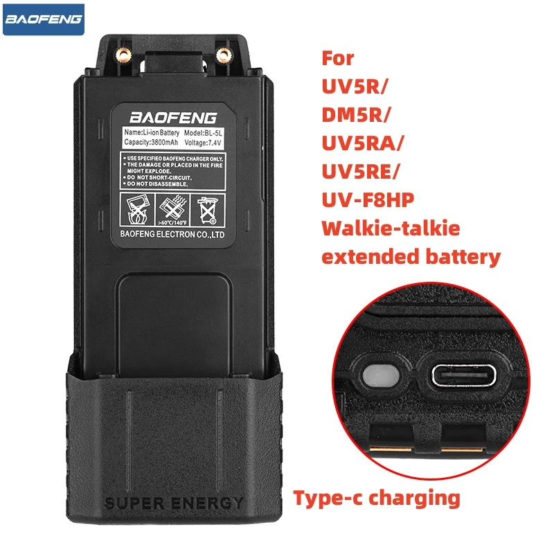 Baofeng UV-5R Walkie Talkie Battery, Type-C Charger, BL-5R, 3800mAh Battery for Walkie Talkie BF-F8, UV 5R, uv5r, UV-5RE, UV-5RA