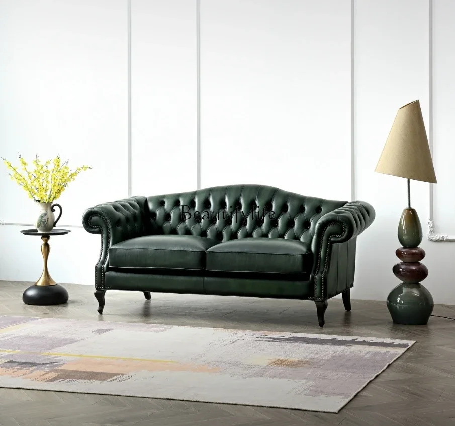 

yj5 *American leather sofa retro oil wax leather old light luxury living room combination European double triple sofa