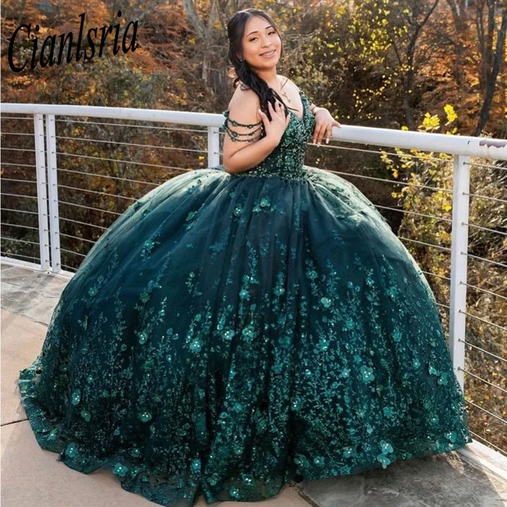 Smaragdgroene Prinses Quinceanera Jurken 2023 Luxe Kristal Kralen Steentjes Appliques Vestidos De 15 Años Corset Jurk