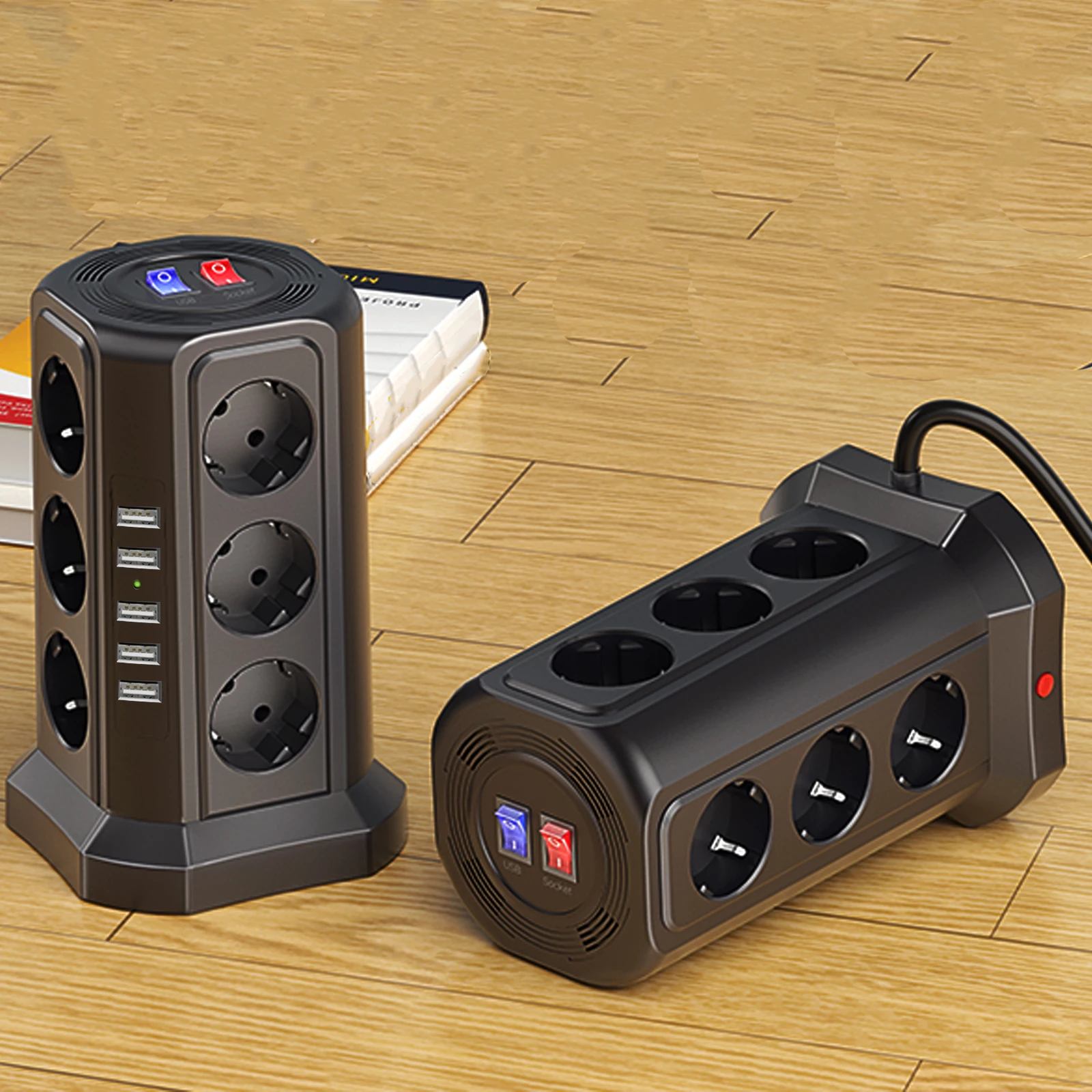 Euro Standard multi-socket (2500W/10A), 12 sockets and 5 USB ports with 1.8M extension cable, suitable for home and office