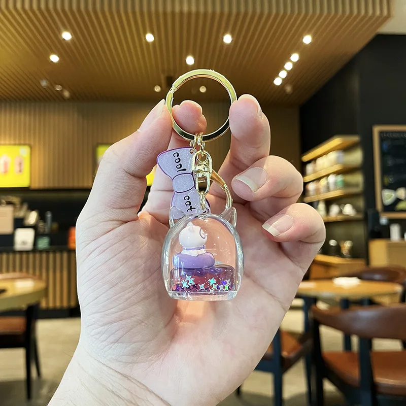 Cute Floating Cat Acrylic Creative Decompression Cute Keychain Pendant Women's Quicksand Bag Pendant Fashion Animal Jewelry