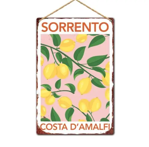 Vintage Sorrento Tin Sign, Lemon Print Metal Plaque, Kitchen Art, Home decor