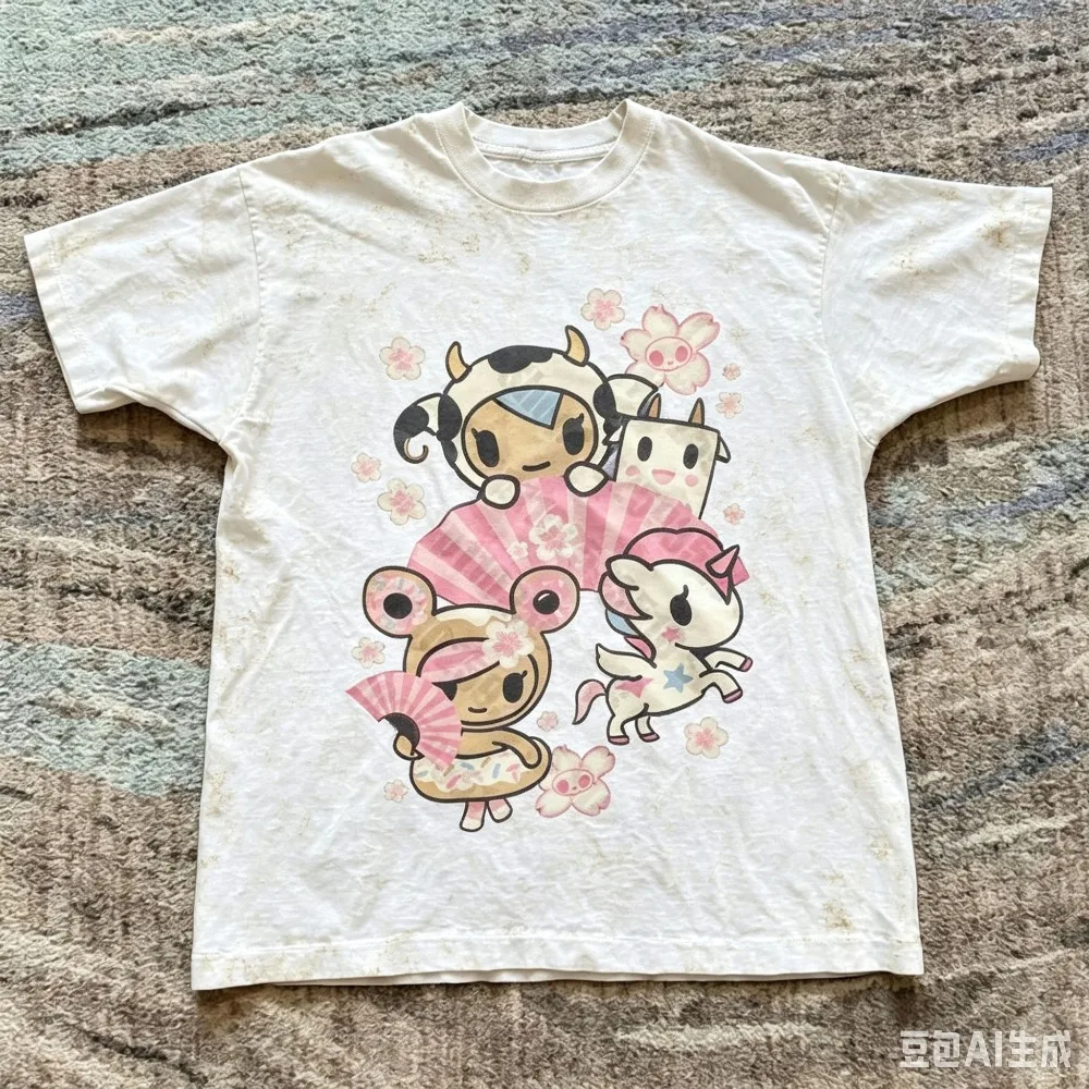Tokidoki Cherry Blossom Graphic T‑Shirt Y2K Cute Cartoon Unicorn Printed Short Sleeve O‑Neck Men Cotton Harajuku Tee Top Unisex