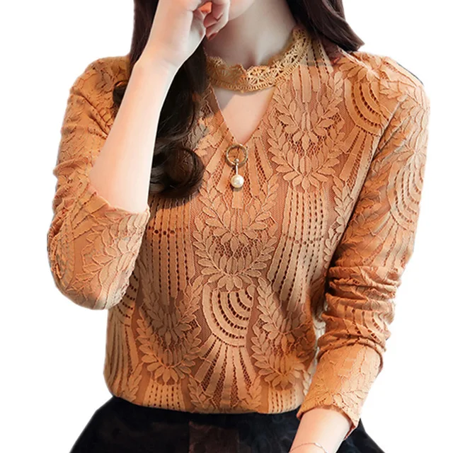 Women Lace Blouse Long Sleeve Fashion Blouses and Shirts Crochet Casual Female Clothing Plus Size Femme Tops