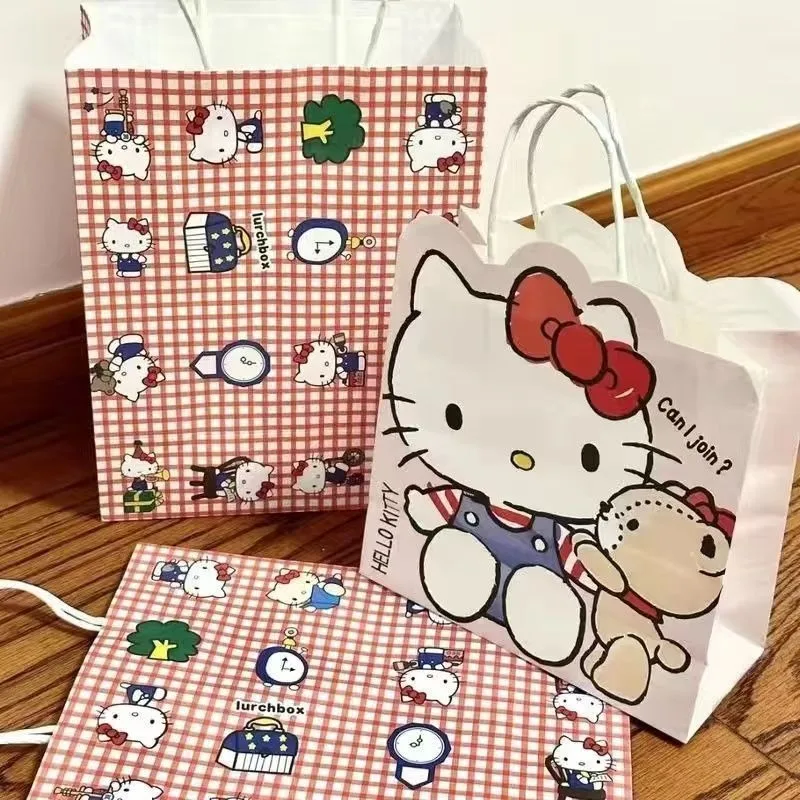 

Hello Kitty Storage Bag Kawaii Anime Versatile Cat Plaid Women Fashion Handheld Decorative Products Girl Birthday Gift Wholesale